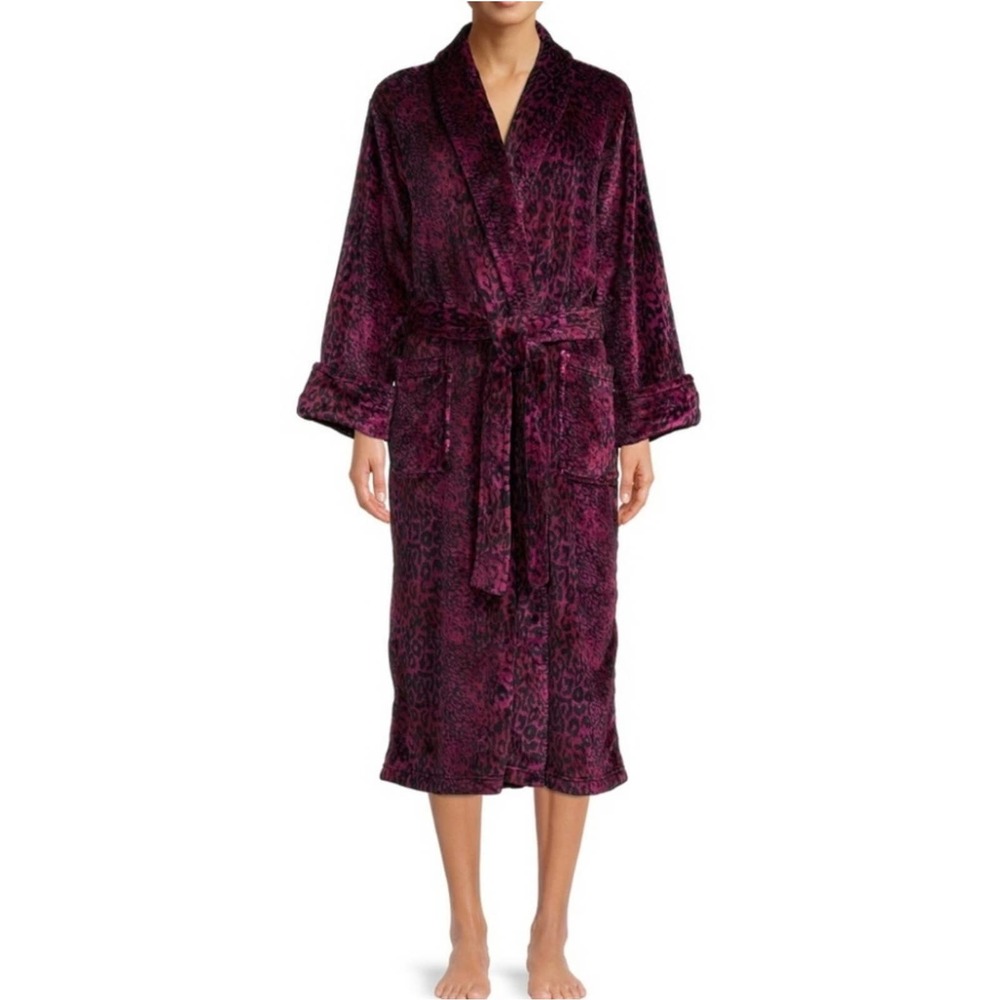 Natori burgundy and black leopard super soft velour plush robe size large new!!